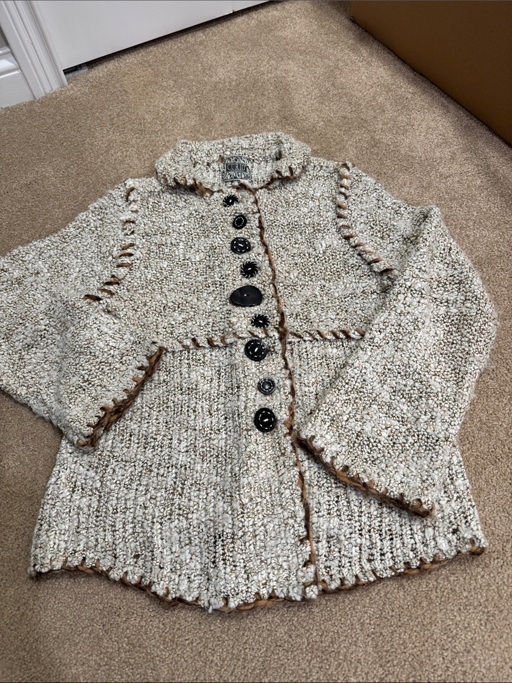 Cozy Cream Bouclé Button-Front Cardigan with Tan Trim